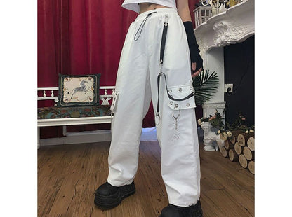 High Waist Lettering Embroidered Loose-Fit Wide-Leg Cargo Pants SpreePicky