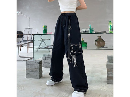 High Waist Lettering Embroidered Loose-Fit Wide-Leg Cargo Pants SpreePicky