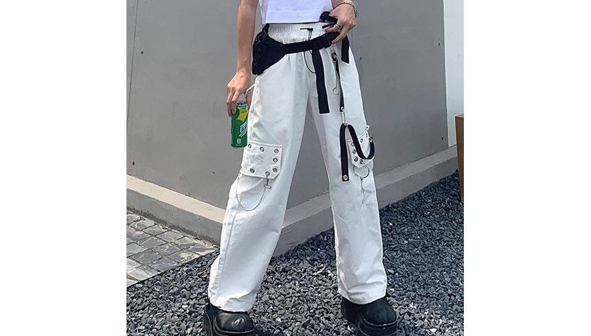 High Waist Lettering Embroidered Loose-Fit Wide-Leg Cargo Pants SpreePicky