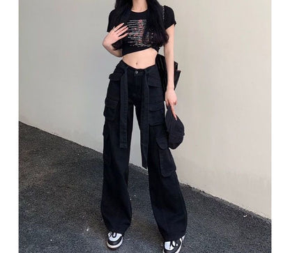 Low Waist Straight-Fit Wide-Leg Cargo Pants SpreePicky