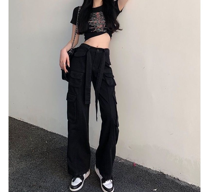 Low Waist Straight-Fit Wide-Leg Cargo Pants SpreePicky