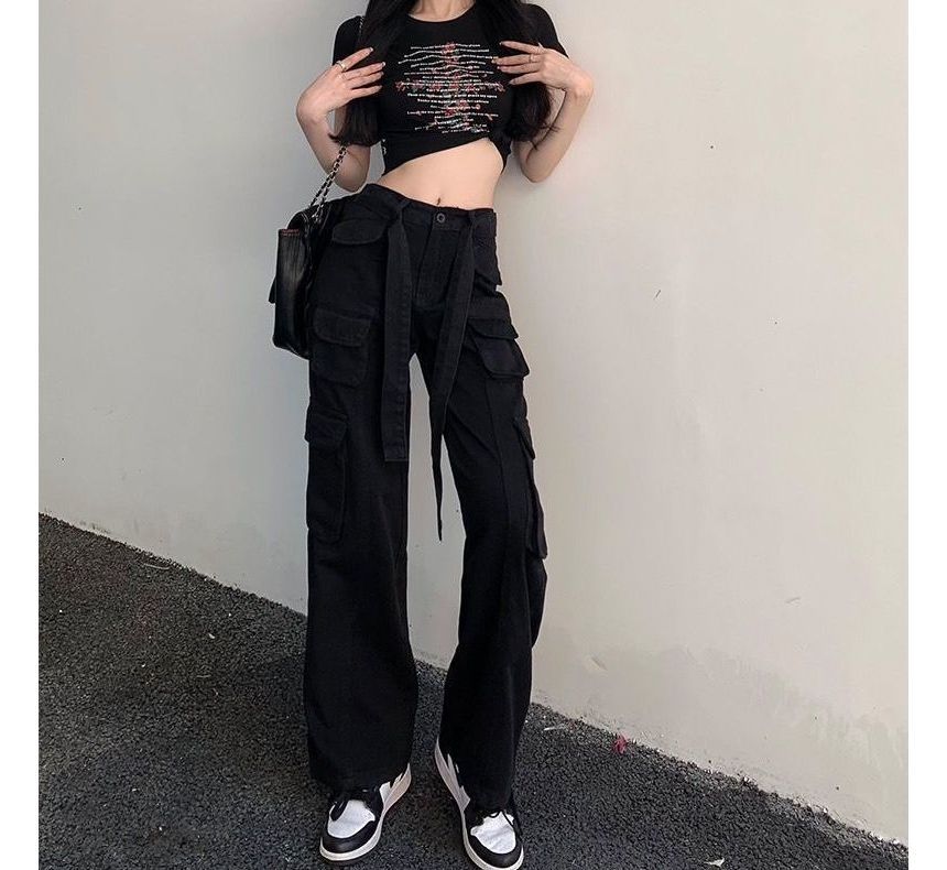 Low Waist Straight-Fit Wide-Leg Cargo Pants SpreePicky