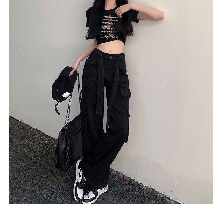 Low Waist Straight-Fit Wide-Leg Cargo Pants SpreePicky