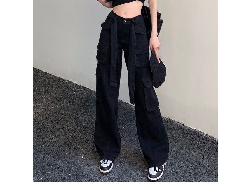 Low Waist Straight-Fit Wide-Leg Cargo Pants SpreePicky