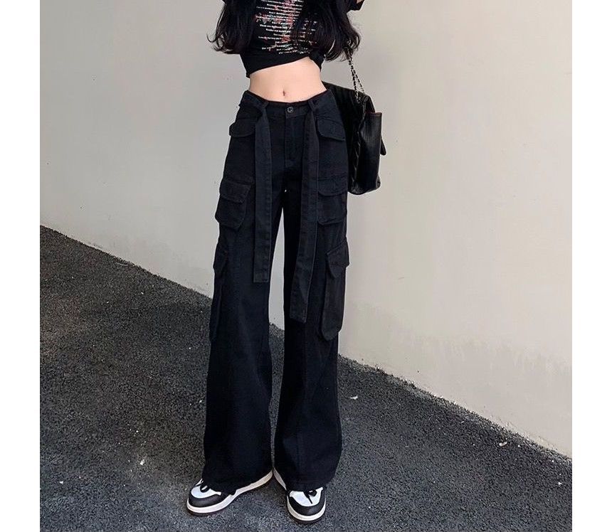 Low Waist Straight-Fit Wide-Leg Cargo Pants SpreePicky