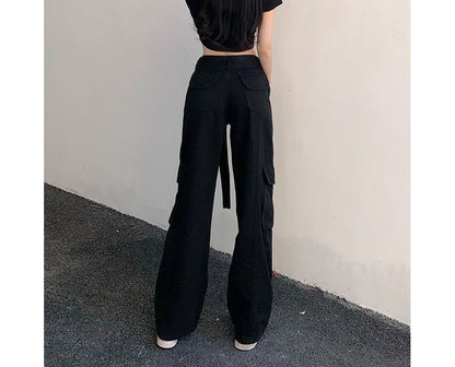 Low Waist Straight-Fit Wide-Leg Cargo Pants SpreePicky