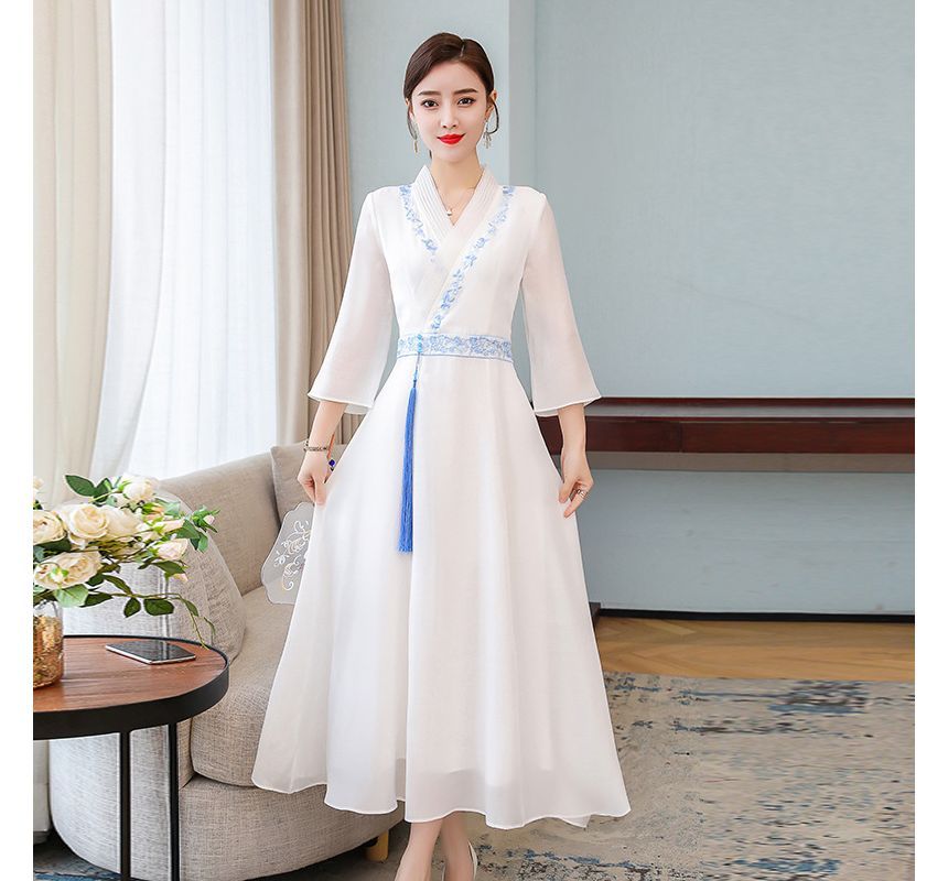 3/4-Sleeve V-Neck Floral Embroidered Tasseled Midi A-Line Dress SpreePicky