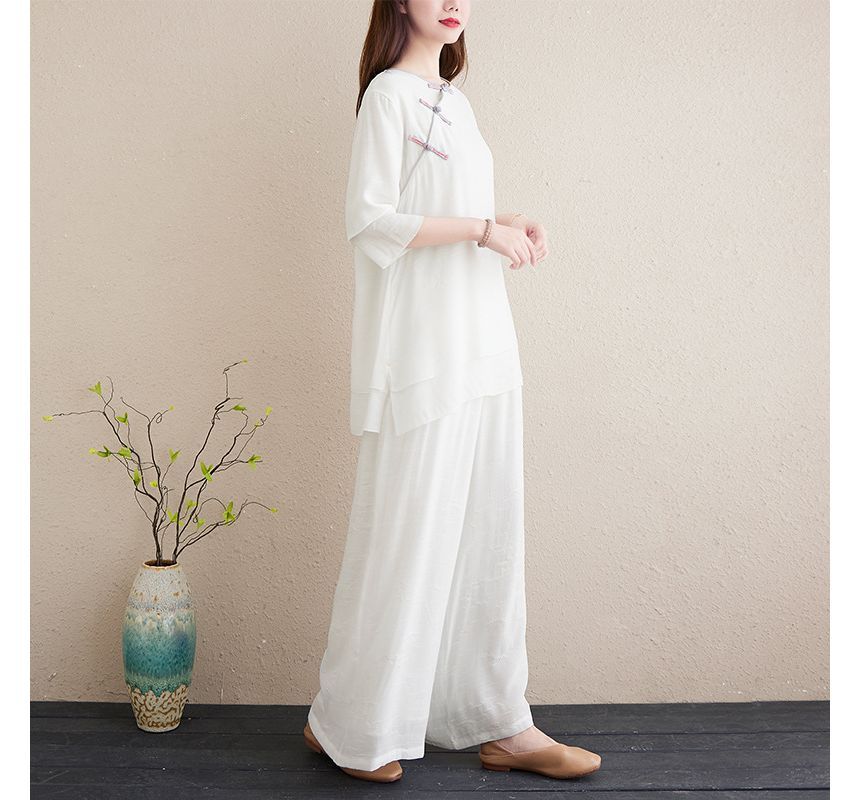 Set: 3/4-Sleeve Plain Frog Buttoned Cheongsam Top + High Rise Plain Wide Leg Pants SpreePicky