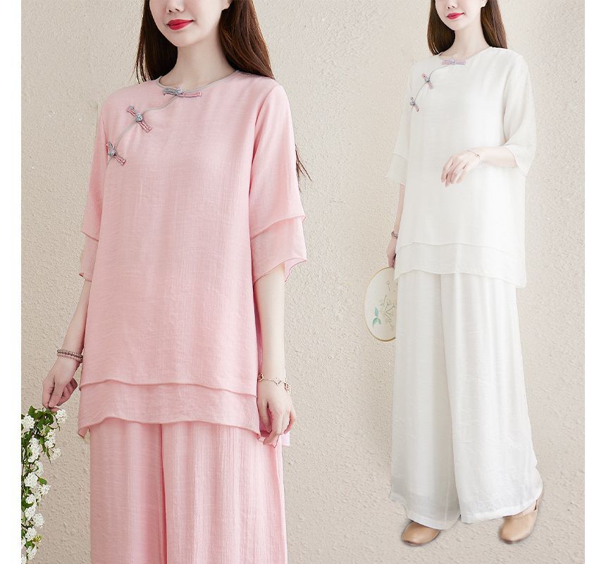 Set: 3/4-Sleeve Plain Frog Buttoned Cheongsam Top + High Rise Plain Wide Leg Pants SpreePicky