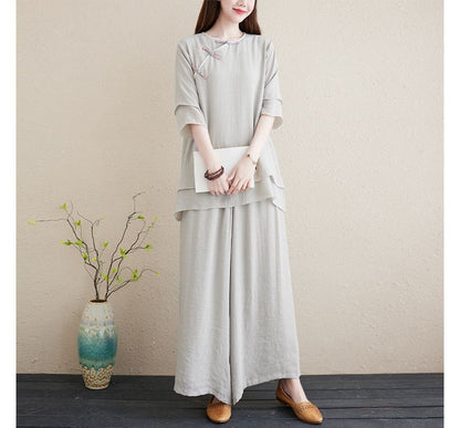 Set: 3/4-Sleeve Plain Frog Buttoned Cheongsam Top + High Rise Plain Wide Leg Pants SpreePicky