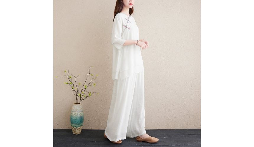 Set: 3/4-Sleeve Plain Frog Buttoned Cheongsam Top + High Rise Plain Wide Leg Pants SpreePicky