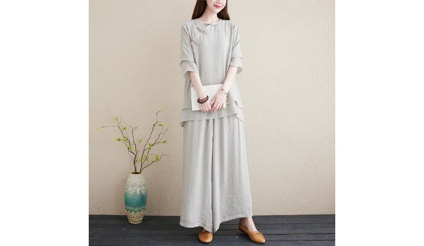 Set: 3/4-Sleeve Plain Frog Buttoned Cheongsam Top + High Rise Plain Wide Leg Pants SpreePicky