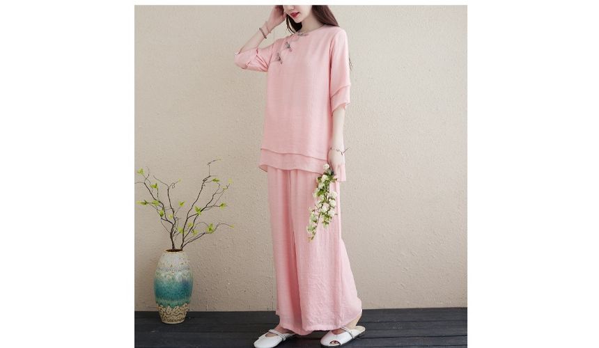 Set: 3/4-Sleeve Plain Frog Buttoned Cheongsam Top + High Rise Plain Wide Leg Pants SpreePicky