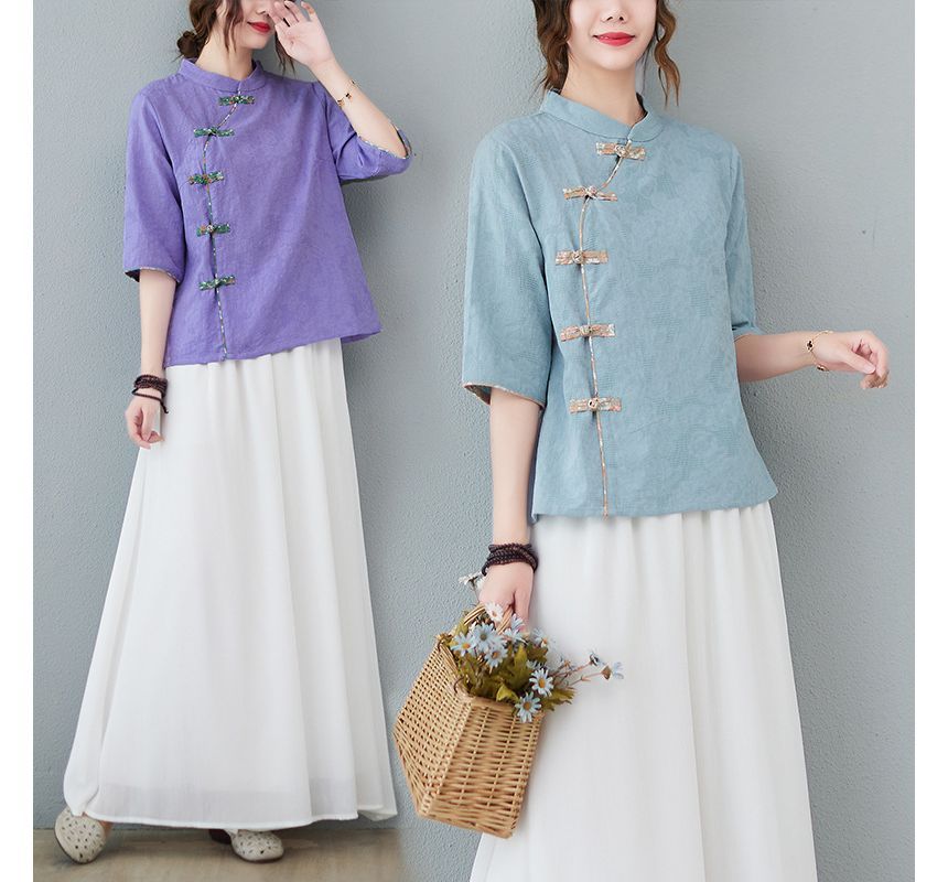 Short-Sleeve Frog Buttoned Plain Cheongsam Top SpreePicky