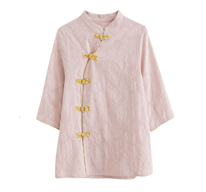 Short-Sleeve Frog Buttoned Plain Cheongsam Top SpreePicky