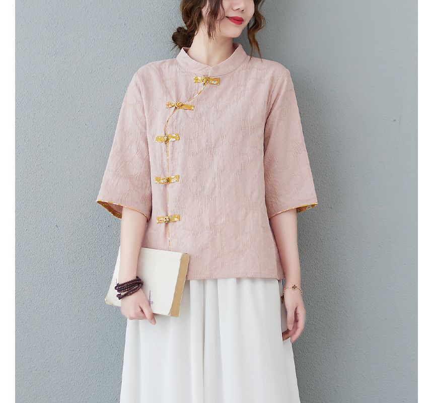 Short-Sleeve Frog Buttoned Plain Cheongsam Top SpreePicky