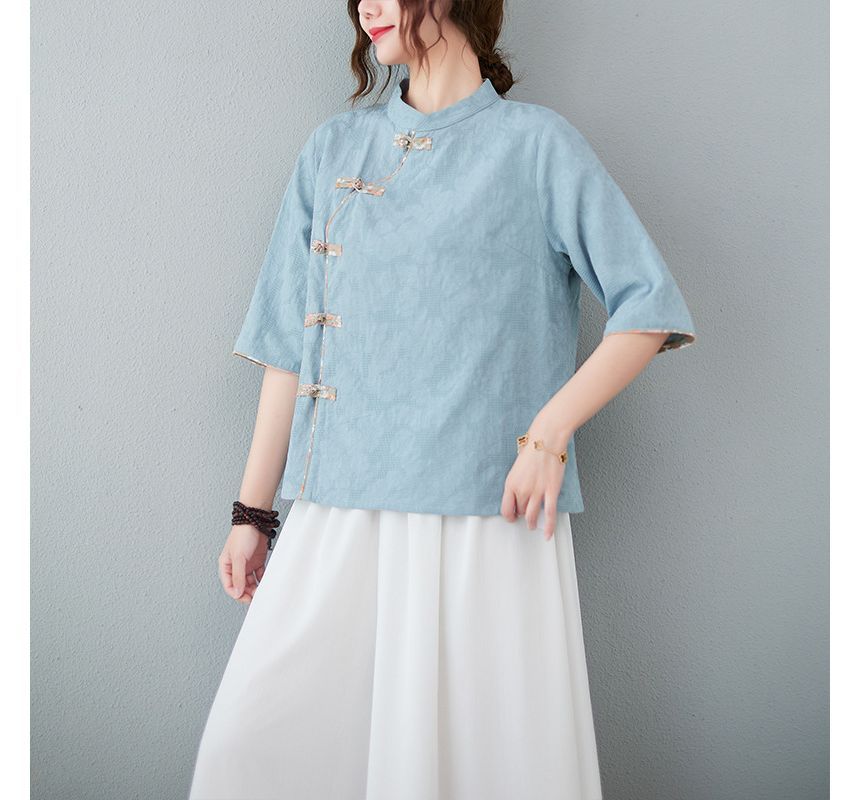 Short-Sleeve Frog Buttoned Plain Cheongsam Top SpreePicky