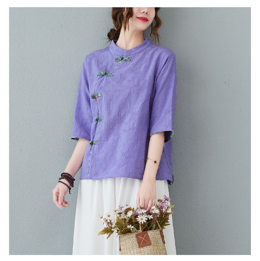 Short-Sleeve Frog Buttoned Plain Cheongsam Top SpreePicky