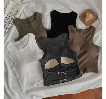 Round Neck Plain Cutout Back Padded Tank Top SpreePicky