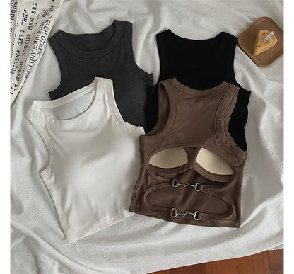 Round Neck Plain Cutout Back Padded Tank Top SpreePicky