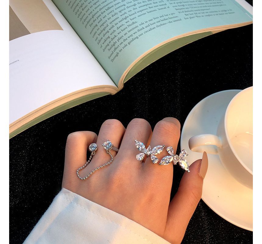 Butterfly Rhinestone Alloy Open Ring SpreePicky