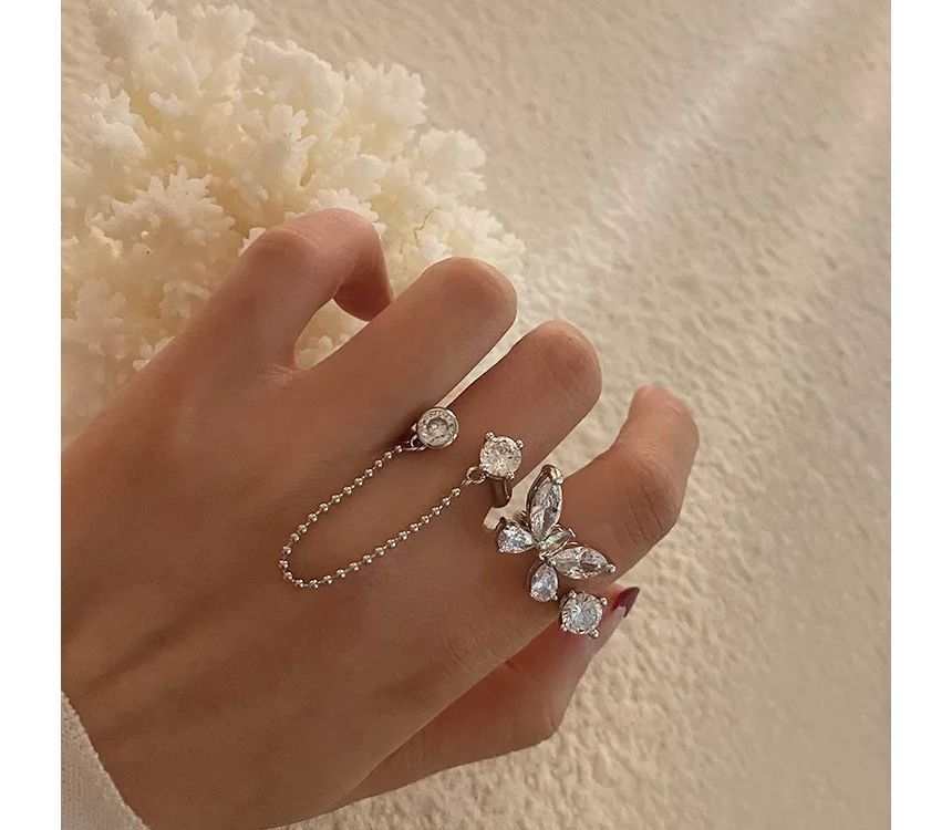 Butterfly Rhinestone Alloy Open Ring SpreePicky