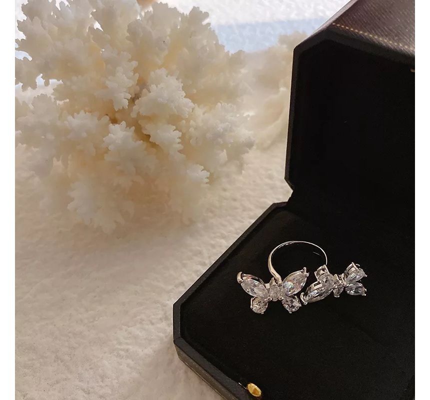 Butterfly Rhinestone Alloy Open Ring SpreePicky