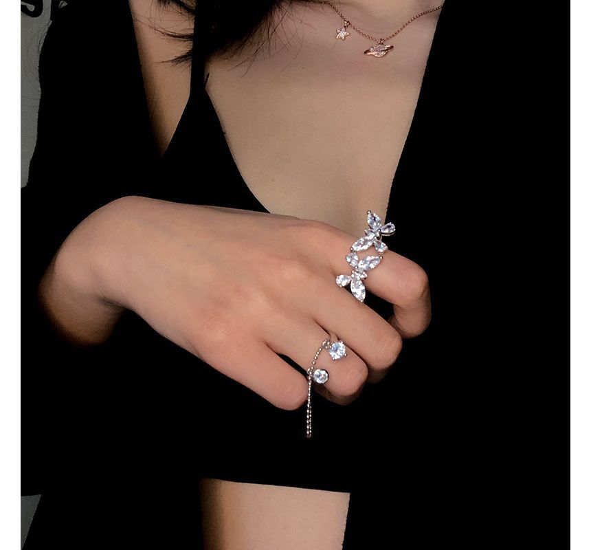 Butterfly Rhinestone Alloy Open Ring SpreePicky