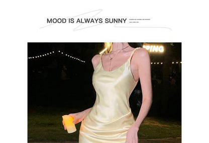 Spaghetti Strap U-Neck Satin Plain Maxi Bodycon Dress mySite