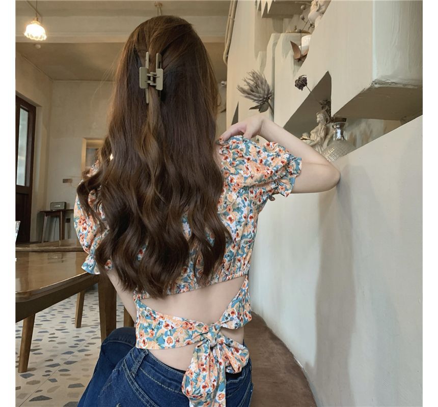 Puff-Sleeve Square-Neck Floral Print Ruffled Bow Back Crop Blouse SpreePicky