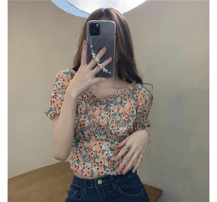 Puff-Sleeve Square-Neck Floral Print Ruffled Bow Back Crop Blouse SpreePicky