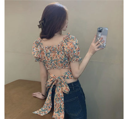 Puff-Sleeve Square-Neck Floral Print Ruffled Bow Back Crop Blouse SpreePicky