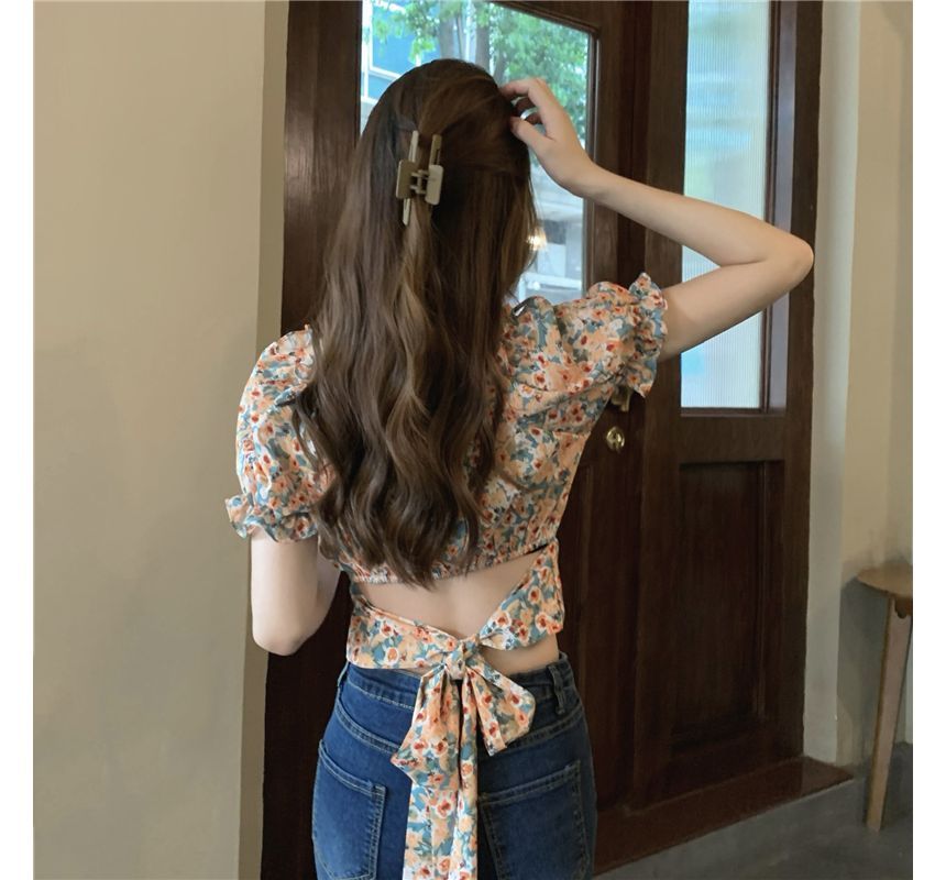 Puff-Sleeve Square-Neck Floral Print Ruffled Bow Back Crop Blouse SpreePicky