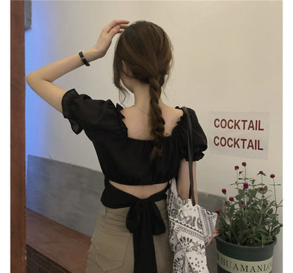 Puff-Sleeve Square-Neck Floral Print Ruffled Bow Back Crop Blouse SpreePicky