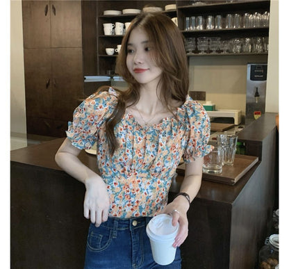 Puff-Sleeve Square-Neck Floral Print Ruffled Bow Back Crop Blouse SpreePicky