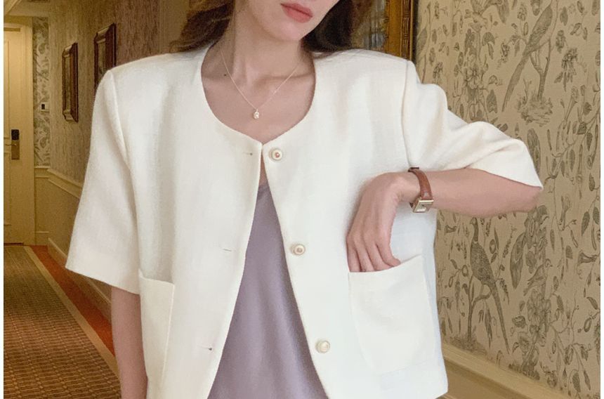 Short-Sleeve Scoop Neck Plain Button Jacket SpreePicky