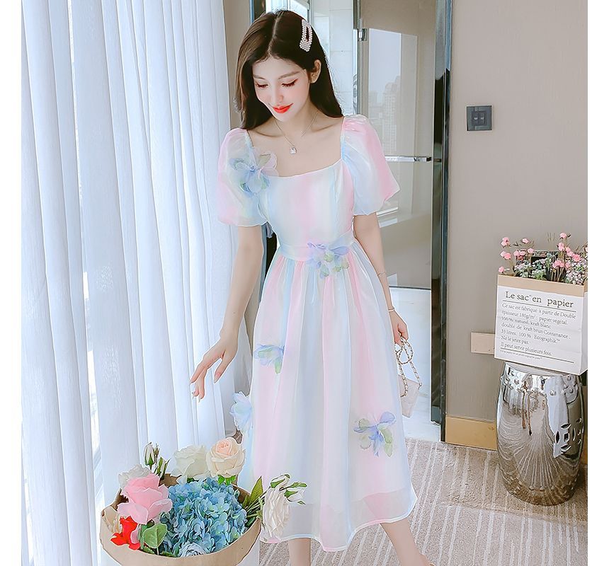 Puff Sleeve Square Neck Gradient Flower Detail A-Line Dress (Various Designs) mySite