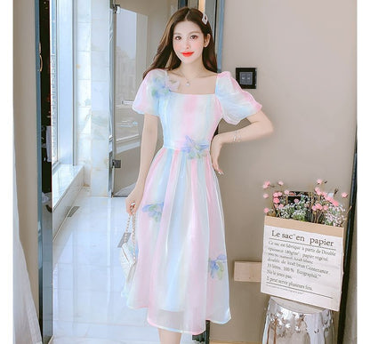 Puff Sleeve Square Neck Gradient Flower Detail A-Line Dress (Various Designs) mySite