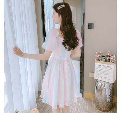 Puff Sleeve Square Neck Gradient Flower Detail A-Line Dress (Various Designs) mySite