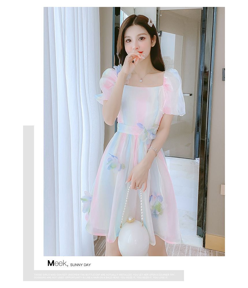 Puff Sleeve Square Neck Gradient Flower Detail A-Line Dress (Various Designs) mySite