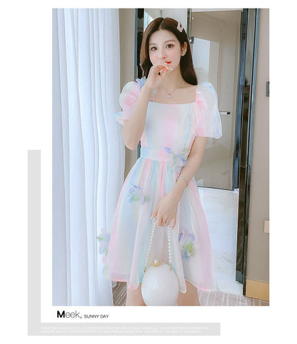 Puff Sleeve Square Neck Gradient Flower Detail A-Line Dress (Various Designs) mySite