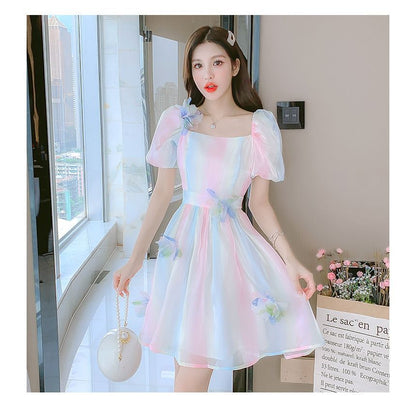 Puff Sleeve Square Neck Gradient Flower Detail A-Line Dress (Various Designs) mySite