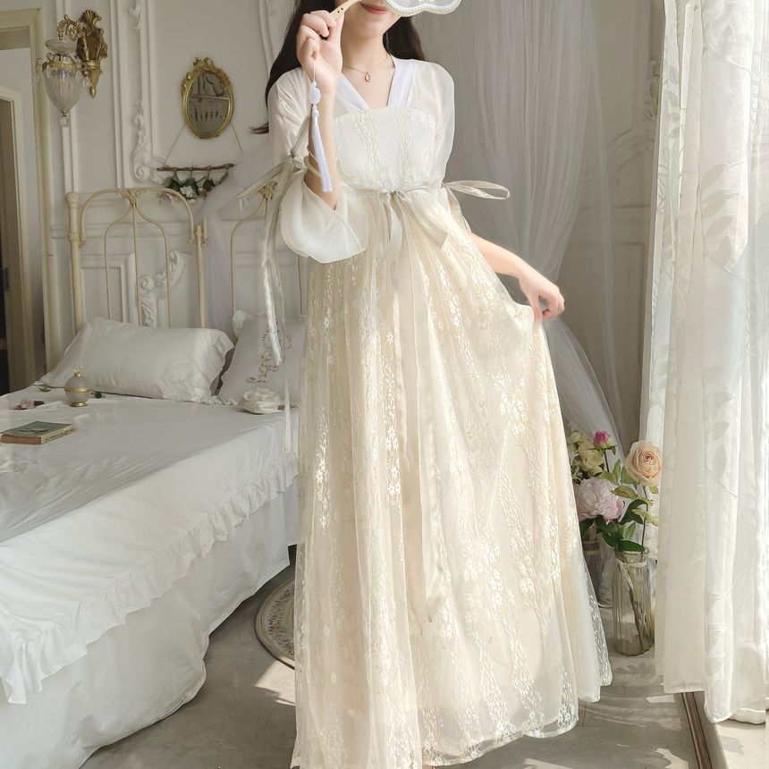 3/4-Sleeve V-Neck Tie-Waist Panel Lace Maxi A-Line Dress mySite