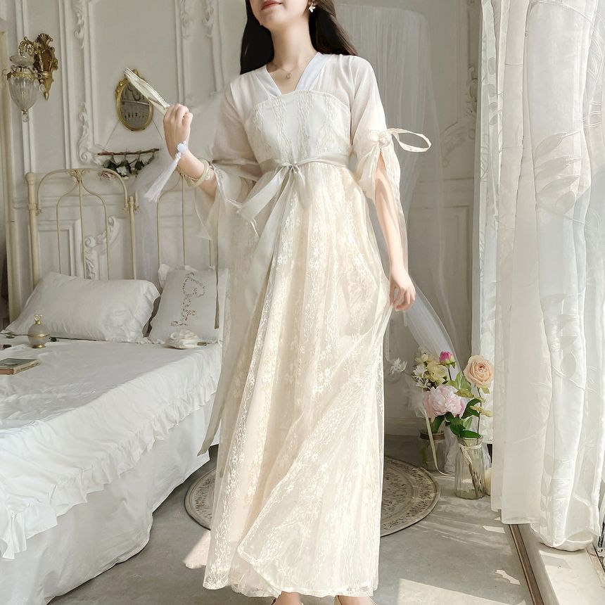 3/4-Sleeve V-Neck Tie-Waist Panel Lace Maxi A-Line Dress mySite