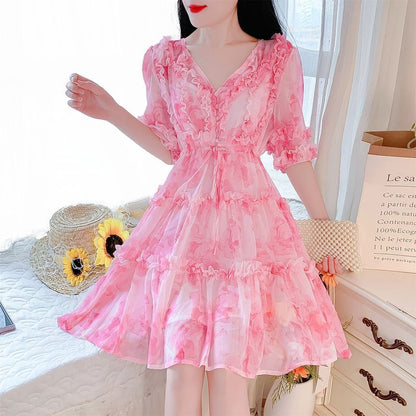 Elbow-Sleeve V-Neck Floral Print Frill Tiered Button A-Line Dress mySite