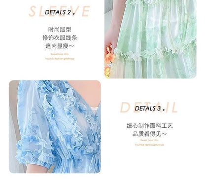 Elbow-Sleeve V-Neck Floral Print Frill Tiered Button A-Line Dress mySite