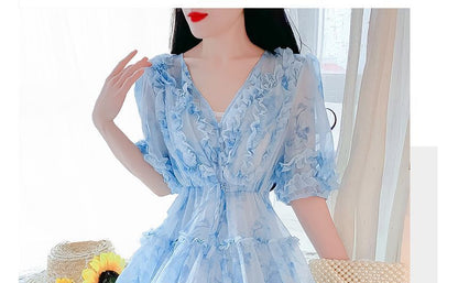 Elbow-Sleeve V-Neck Floral Print Frill Tiered Button A-Line Dress mySite