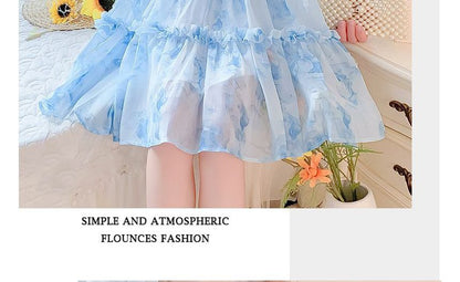 Elbow-Sleeve V-Neck Floral Print Frill Tiered Button A-Line Dress mySite