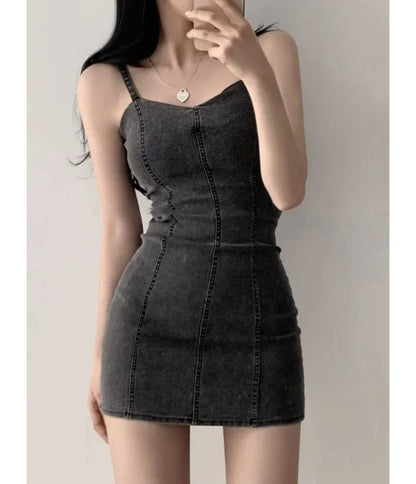 Spaghetti Strap Plain Denim Mini Bodycon Dress mySite