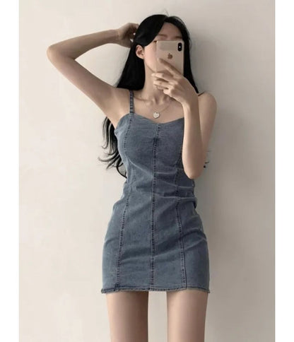 Spaghetti Strap Plain Denim Mini Bodycon Dress mySite